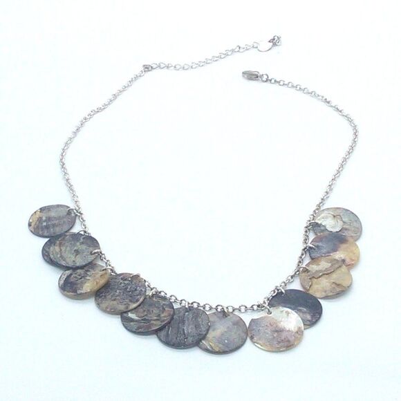 Abalone Disc Shell Necklace Browns Silver Tone Chain 16-19" - Picture 6 of 9